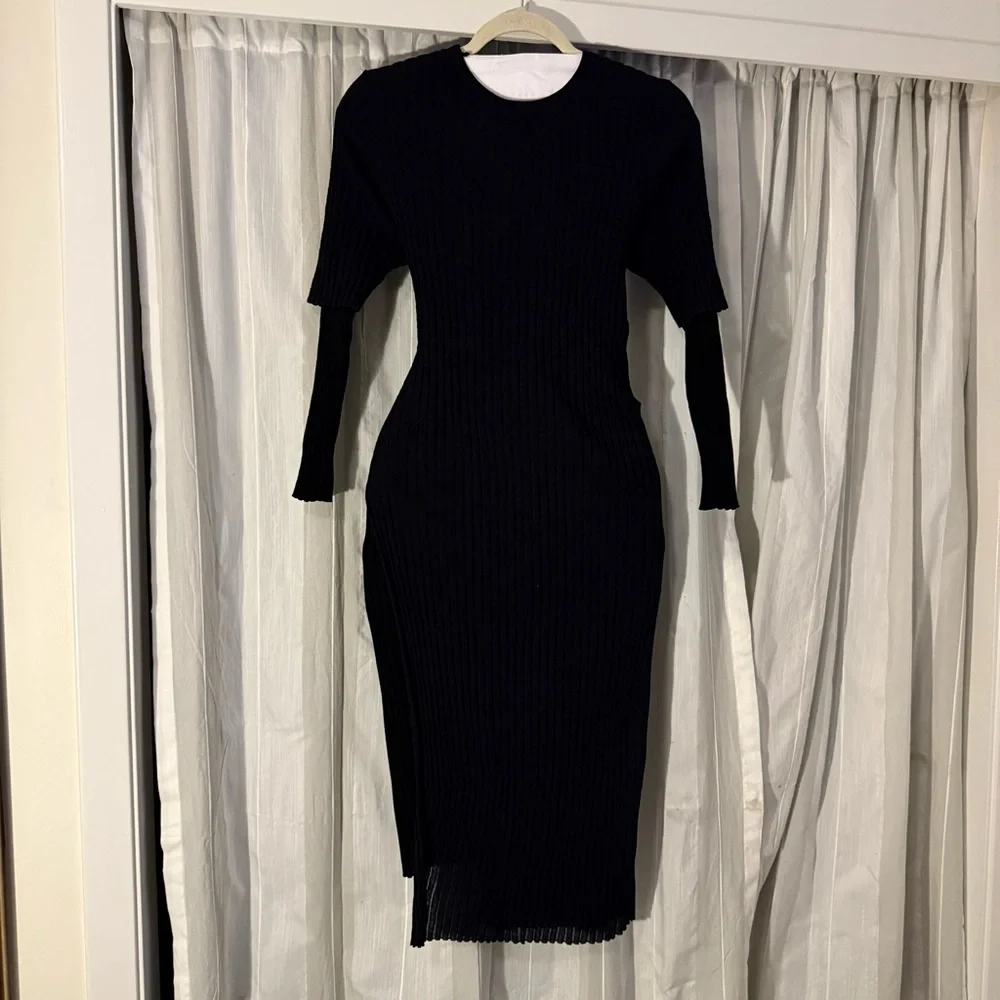 COS Black Ribbed Knit Midi Dress Long Sleeve Asymmetrical Hem Minimalist Size S - Picture 4 of 16
